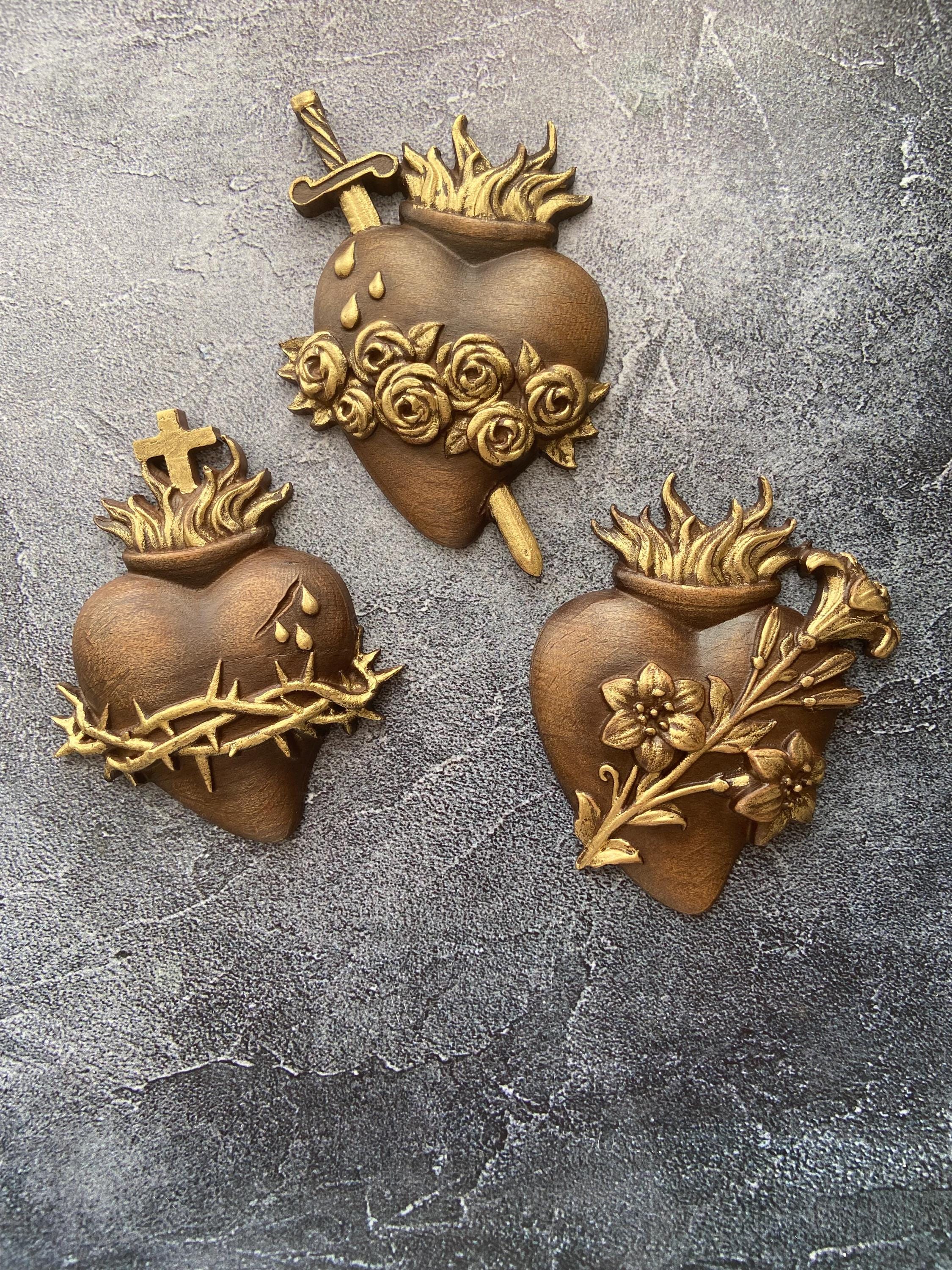 Handcrafted Wood Carving – Trinity of Sacred Hearts, Religious