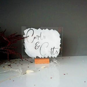 Letrero de acrílico transparente para bodas, tarjetas y regalos, letrero de mesa para bodas, letrero elegante de metacrilato pintado con letras metálicas