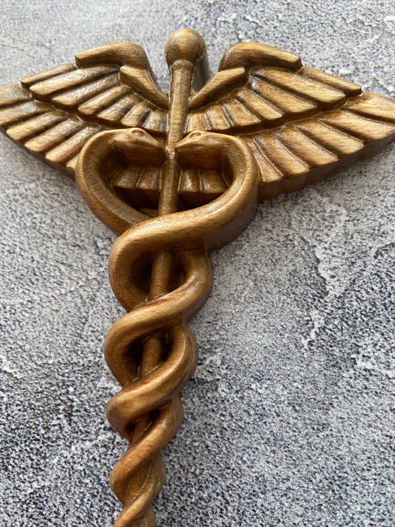 Wooden Carved Medical Symbol Cross Caduceus Wooden Statue Symbol Everlasting Live. Gifts for Doctor, Nurse, Paramedic, Healthcare Worker image 2