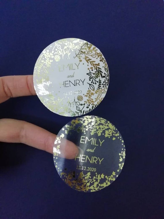 Modern Wedding Favor Stickers Clear and White Gold Foil Personalized Favor Labels Rectangular Envelope Seals Gold Silver Rose Gold Foil