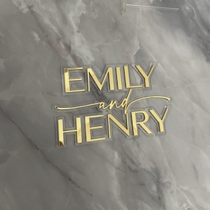 Elegante adorno para tarta de bodas con doble nombre, adorno para tarta de compromiso, letrero de espejo personalizado para tarta, adorno de espejo acrílico personalizado con palo