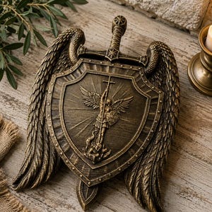 Puede incluir: Una placa de pared en tono bronce que presenta un escudo central con un relieve de un ángel blandiendo una espada sobre una serpiente. El escudo está enmarcado por grandes alas emplumadas detalladas y rematado con una empuñadura de espada, creando una pieza decorativa cohesiva con un acabado metálico y texturas intrincadas.