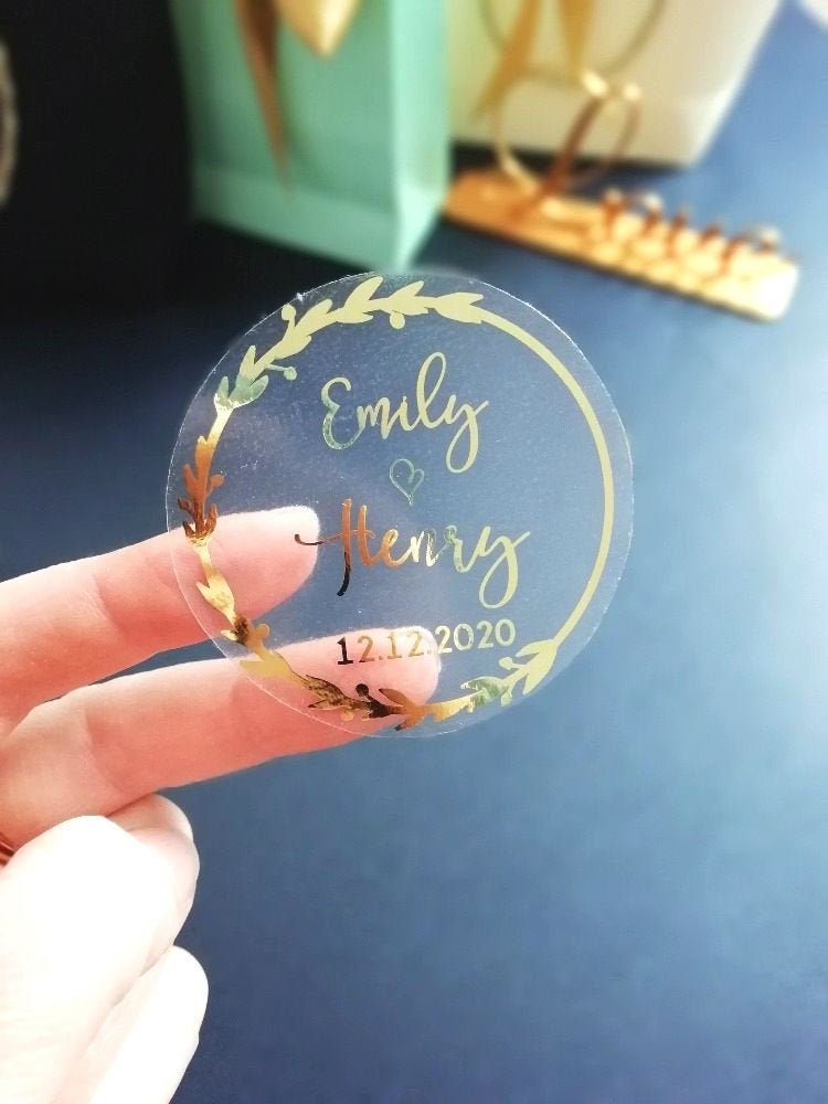 Round Gold Foil Stickers Personalized Clear and White Favor Etsy