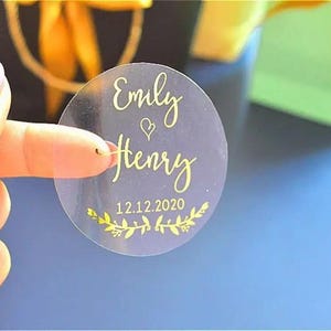 Adesivi personalizzati in lamina per matrimonio trasparenti e bianchi, etichette rotonde in lamina d'oro per bomboniere, etichette per bomboniere, lamina vera, sigilli per buste