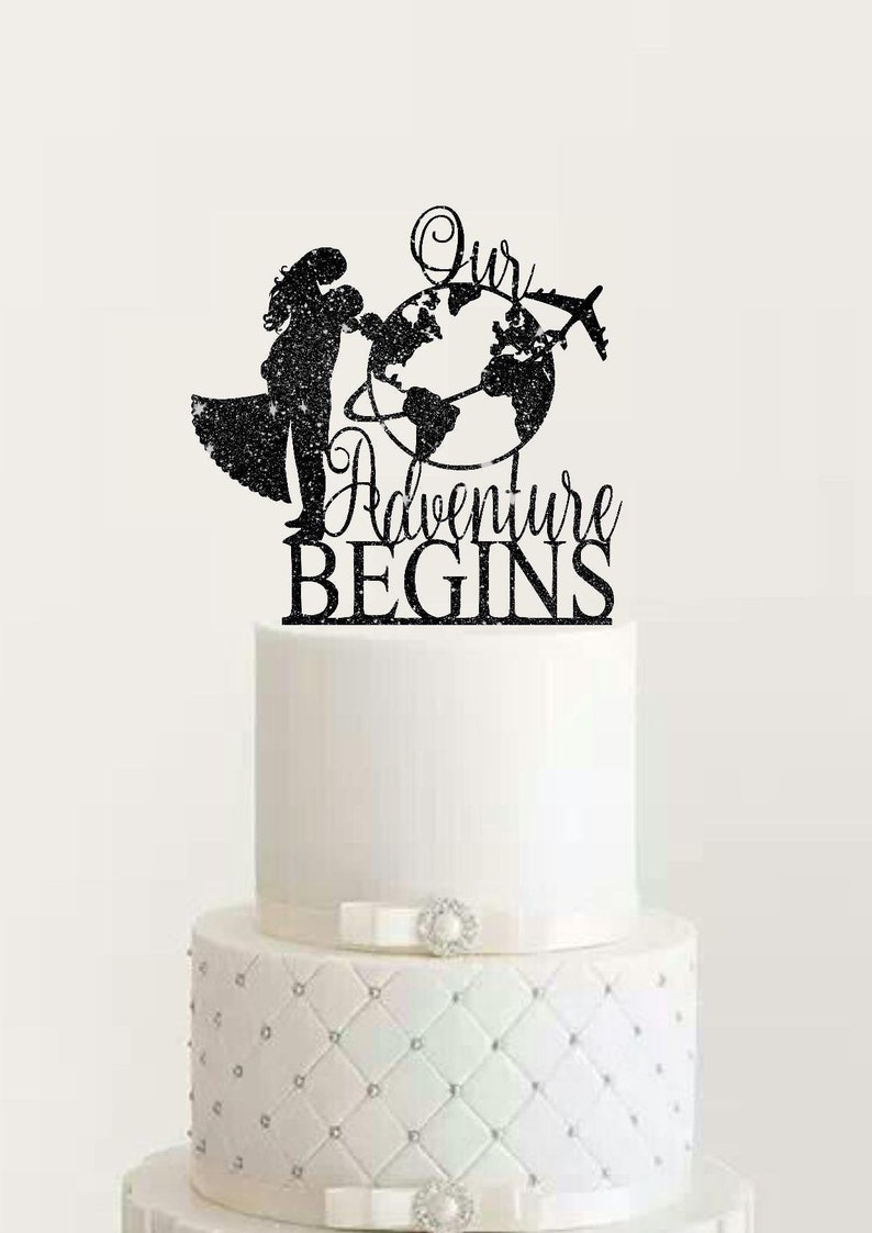 Our Adventure Begins Wedding Cake Topper Unique with Airplane World Map Travelling Themed Engagement Rose Gold Silver Rustic Cake Topper image 1