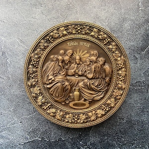 Carved Round Wood Panel The Last Supper - Religious Wall Art Christian Home Decor Biblical Scene