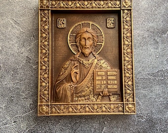 Jesus Christ Wooden Icon, Orthodox Wall Plaque, Religious Wood Art