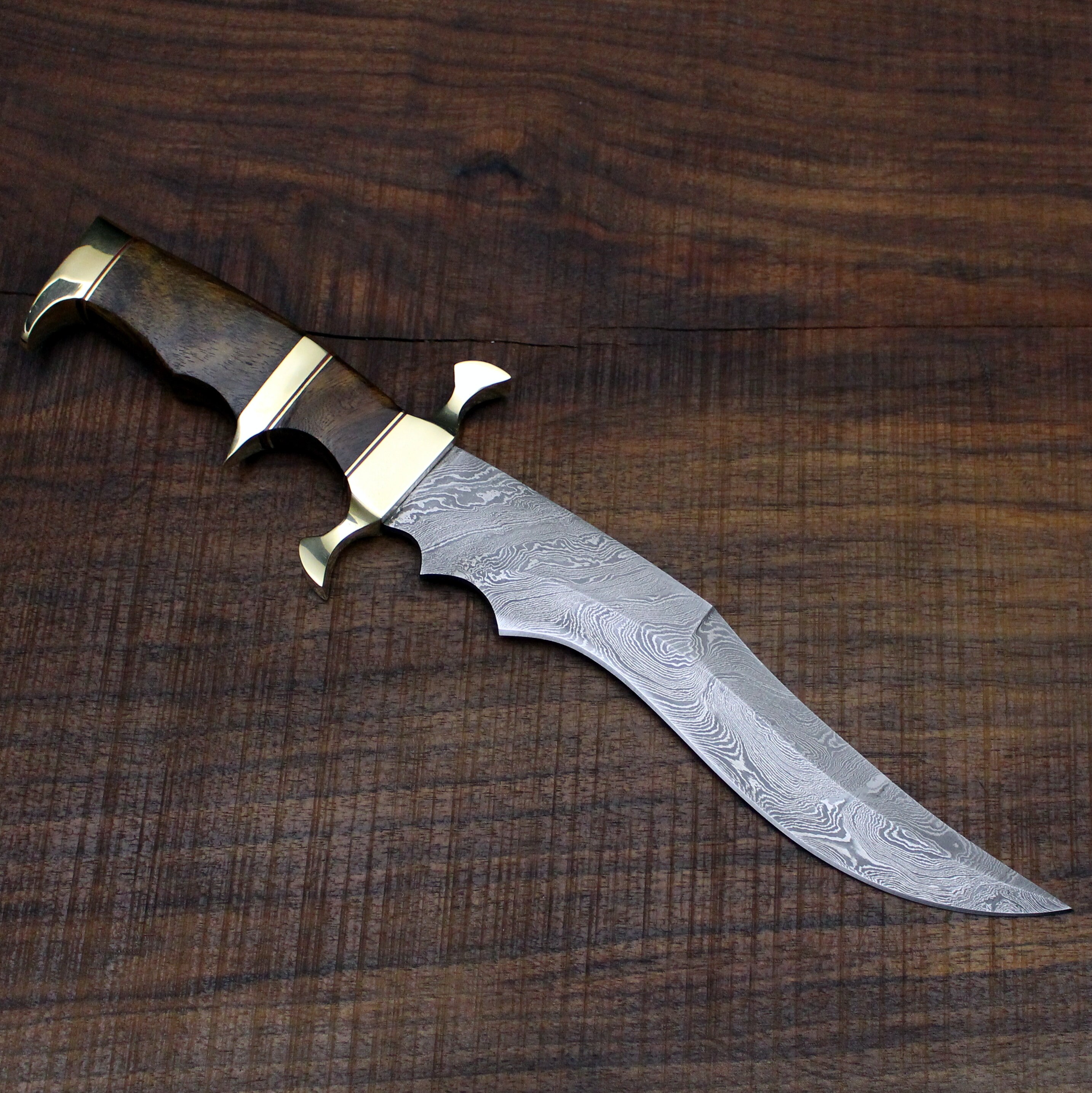 Diablo No. 12 Damascus Bowie Knife with Walnut Wood Scales and Solid Brass Guard and Butt Hunting, Camping, Survival, Groomsmen Gift Diablo No. 12 Damascus Bowie Knife with Walnut Wood Scales and Solid Brass Guard and Butt Hunting, Camping, Survival, Groomsmen Gift