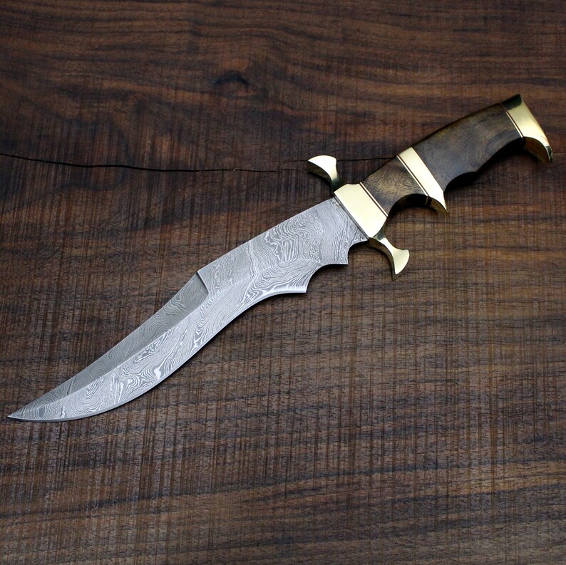 Diablo No. 12 Damascus Bowie Knife with Walnut Wood Scales and Solid Brass Guard and Butt Hunting, Camping, Survival, Groomsmen Gift Diablo No. 12 Damascus Bowie Knife with Walnut Wood Scales and Solid Brass Guard and Butt Hunting, Camping, Survival, Groomsmen Gift