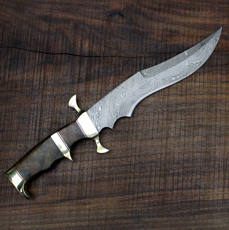 Diablo No. 12 Damascus Bowie Knife with Walnut Wood Scales and Solid Brass Guard and Butt Hunting, Camping, Survival, Groomsmen Gift Diablo No. 12 Damascus Bowie Knife with Walnut Wood Scales and Solid Brass Guard and Butt Hunting, Camping, Survival, Groomsmen Gift