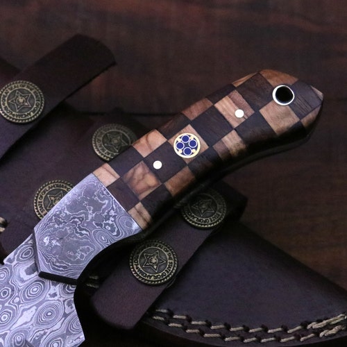 Damascus Bushcraft Knife - Hunting, Camping, Survival, Skinning Knife. Horizontal Sheath, Unique Gift for Him, EDC, online Hiking, Anniversary