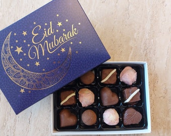 Chocolats de luxe Eid Mubarak Boîte de 12 chocolats - Halal / Végétarien