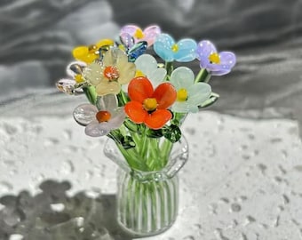 6 Glass Flowers  and Vase -Best Price 2 pounds per flower cute mini glass flowers hand crated flowers and Vase, 6 flowers and vase