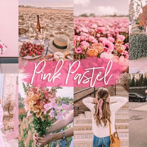 Könnte beinhalten: Eine Collage aus Bildern mit rosa und pastellfarbenen Farben. Die Bilder zeigen eine Frau in einem rosa Kleid, eine Picknickszene mit Wein und Erdbeeren, ein Feld mit rosa Blumen, eine Frau in einer rosa Bluse und Jeans, eine Frau in einem rosa Kleid, die Blumen hält, eine Frau mit einem rosa Haargummi und eine Frau in einem rosa Mantel, die einen Blumenstrauß hält. Der Text "Pink Pastel" ist in Weiß auf rosa Hintergrund geschrieben.