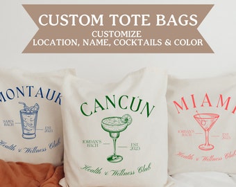 Custom Location Canvas Tote Bag, Cocktail of Choice Bachelorette // Bride's Name Bach // Bach Beach or Gift Bag // Gift for Bachelorette