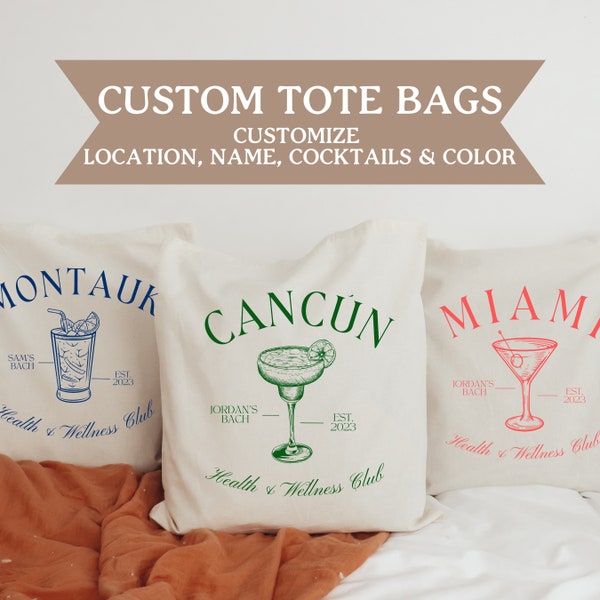 Custom Location Canvas Tote Bag, Cocktail of Choice Bachelorette // Bride's Name Bach // Bach Beach or Gift Bag // Gift for Bachelorette