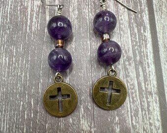 Faith - Purple & Medallion cross earrings