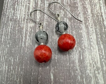 Valerie - Rutilated Quartz and Red Sponge Coral earrings
