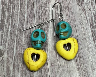 Lilyrose Turquoise colored stone skull with yellow heart earrings