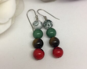 Abacus - Moss Agate, Green Stone, Tiger Eye, Red Coral earrings