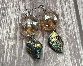 Sofia - Golden Crystal with leaf dangle earrings
