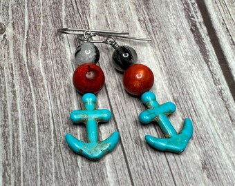 Winona Rutilated quartz, sponge coral, and turquoise colored stone earrings