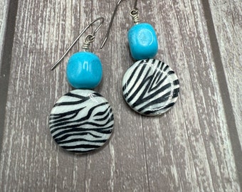 Kendra - Zebra shell and turquoise earrings
