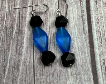 Gracie Blue glass and matte black onyx earrings