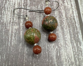 Roxanne - Unakite & Goldstone earrings