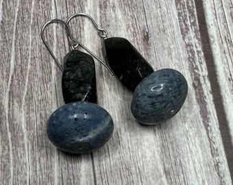 Paulina - Snowflake obsidian and blue sponge coral earrings