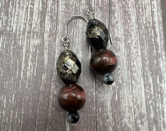 Nani - Red Tiger Eye, snowflake obsidian and black with gold earrings