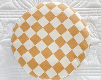 Mustard and White Checkered Round Cushion