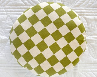 Olive and White Checkered Round Cushion - Boys Room Cushion, Girls Room Cushion, Kids Cushion, Kids Decor, Kids Cushion, Checkered Cushion