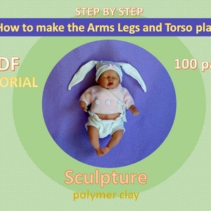 Puede incluir: Un tutorial PDF de 100 páginas sobre cómo esculpir una muñeca de bebé usando arcilla polimérica. La imagen muestra una muñeca de bebé con un gorro de conejito blanco y una camisa rosa, acostada sobre una superficie morada.