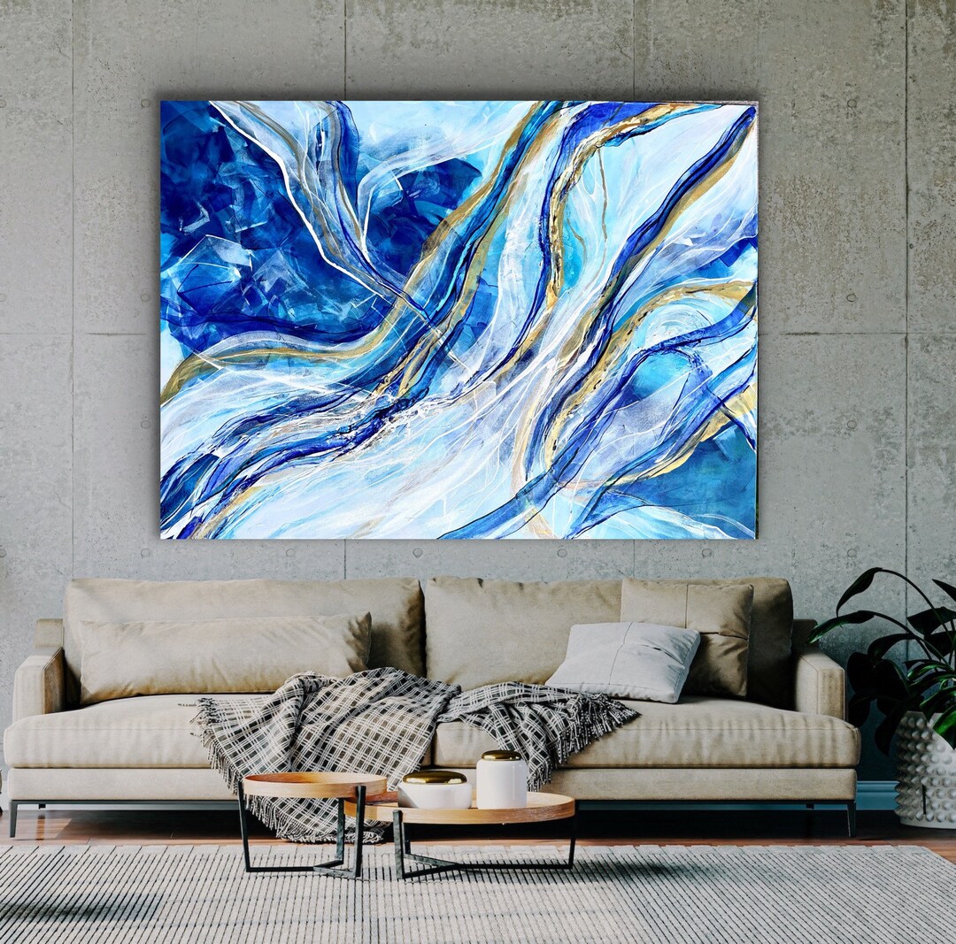 Blue White Abstract Wall Art Extra Large Abstract Painting Etsy