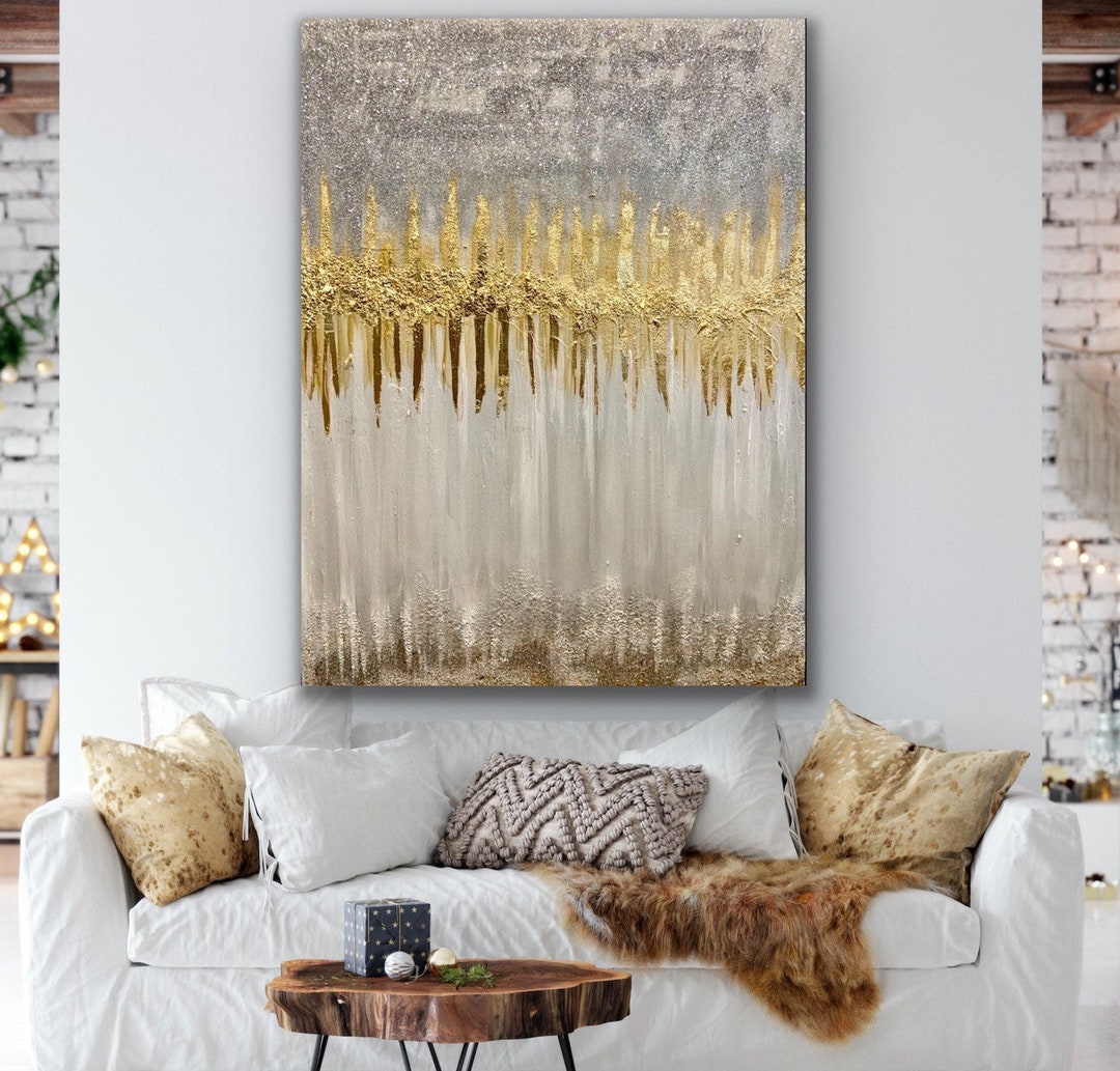 Silver Glitter Wall Art, Original Gold Leaf Abstract Art Textured Art