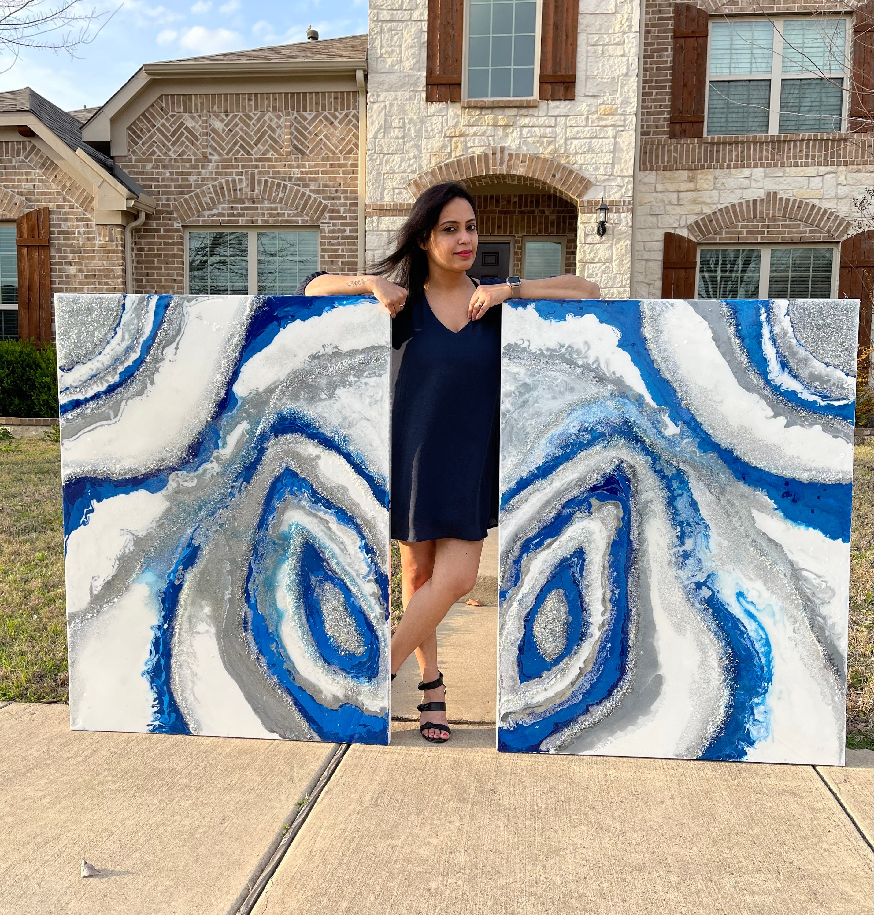 BLUE AND WHITE Resin Geode Wall Art Modern Agate Wall 