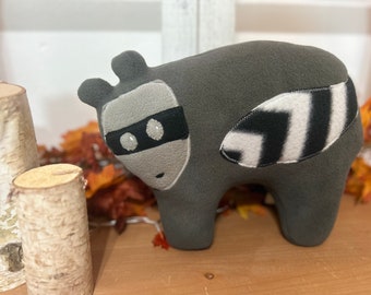 Plush raccoon stuffed animal, woodland nursery, baby shower gift