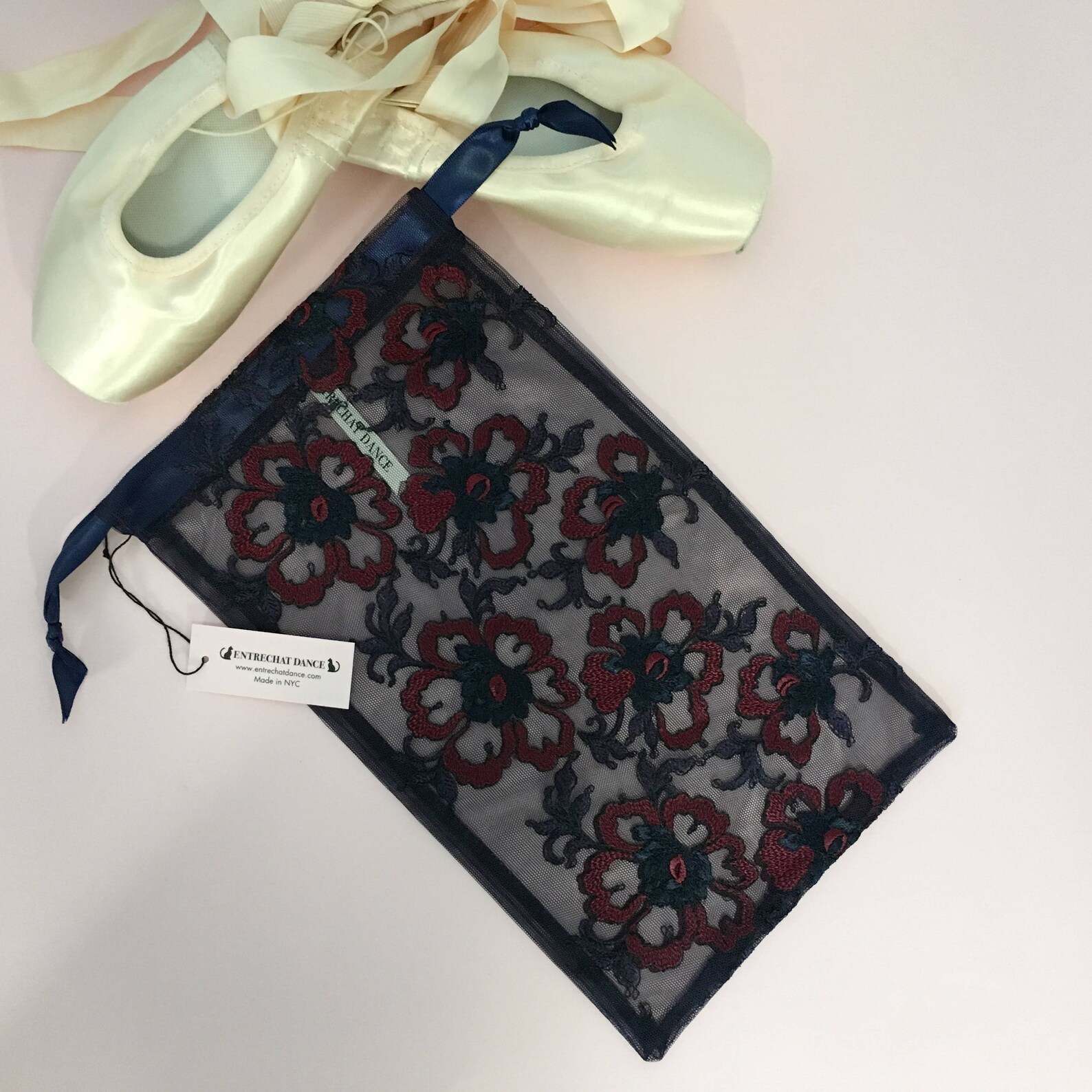 pointe shoe bag | navy and wine lady capulet embroidered tulle shoe bag | ballet shoe bag | dance shoe bag | toe shoe bag