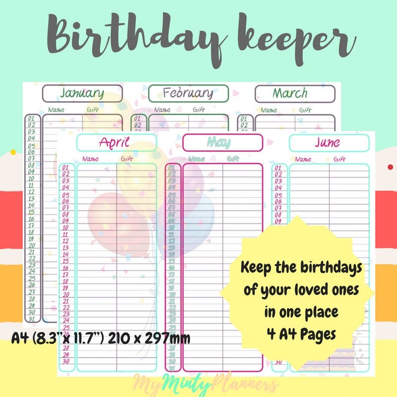 Birthday Printable Organizer Size A4 4 pages with different | Etsy