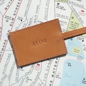 Bagagetag "Jet Lag", lederen reisaccessoire, Traveller Gift Idea, Christmas Gift Idea, Handgemaakte lederen tastag