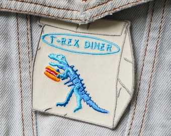 Dinosaur Iron On Patch / T-Rex Diner Embroidered Patch / Secret Santa Gift Idea / Kids Accessory / Dinosaur Patch for Backpack