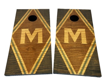 Diamond Cornhole Boards, Personalized Stained Design with Initial with optional Bags and Scorekeeper Scoreboards