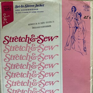 May include: A vintage sewing pattern for a set-in sleeve jacket. The pattern is designed for knit fabrics and is by Ann Person. The pattern number is 1051 and the sizes are 42-44-46-48-50-52-54-56.