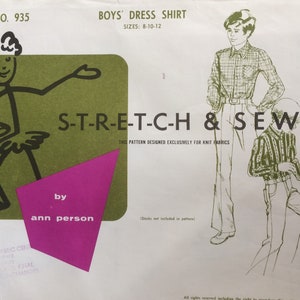 May include: A vintage sewing pattern for a boy's dress shirt, featuring a cartoon illustration of a person wearing a tutu and the text "S-T-R-E-T-C-H & SEW". The pattern is designed for knit fabrics and is priced at $1.50.