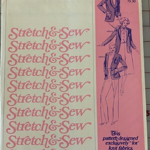 May include: A vintage Stretch & Sew sewing pattern envelope for a Shawl Collar Suit Jacket, pattern number 1045, featuring bust sizes 30-42. The cream-colored envelope displays illustrations of three jacket styles in pink panels and text.
