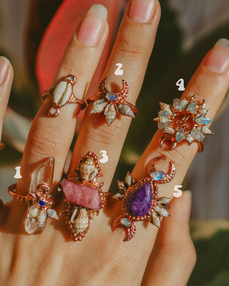 Moon Light Mermaid Rings hippie style art charoite Bohemian crystal healing copper jewelry with shells turmaline Boho gipsy moonstone