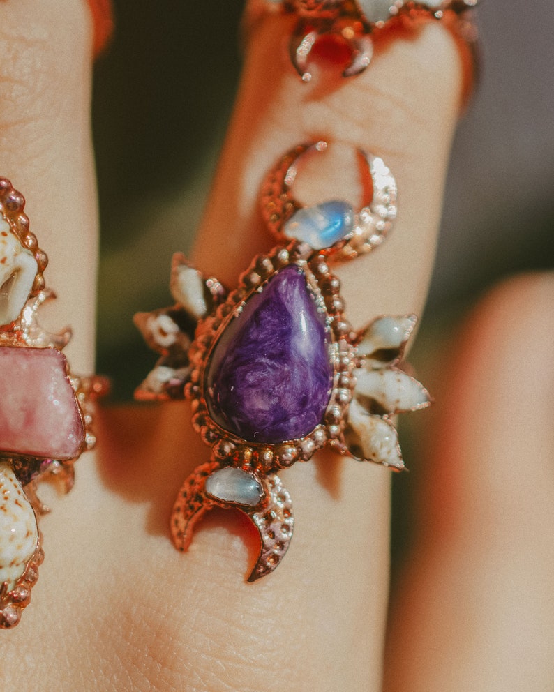 Moon Light Mermaid Rings hippie style art charoite Bohemian crystal healing copper jewelry with shells turmaline Boho gipsy moonstone