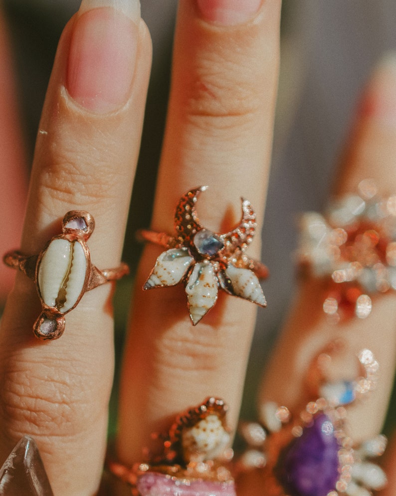 Moon Light Mermaid Rings hippie style art charoite Bohemian crystal healing copper jewelry with shells turmaline Boho gipsy moonstone