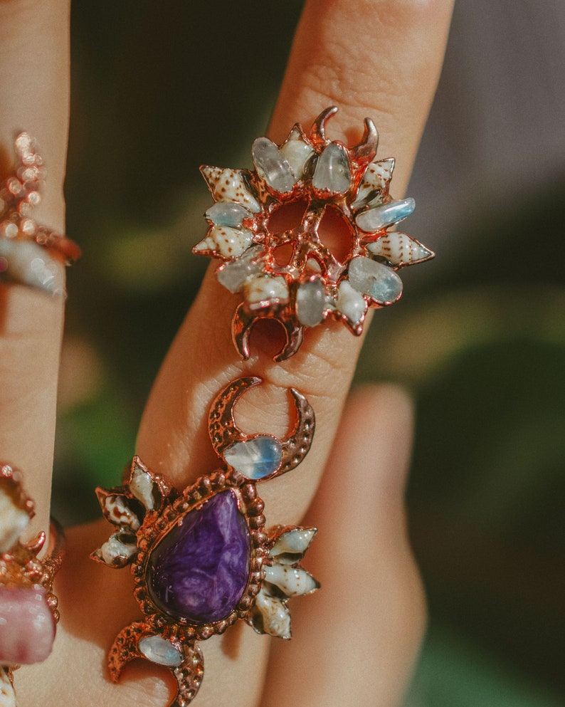 Moon Light Mermaid Rings hippie style art charoite Bohemian crystal healing copper jewelry with shells turmaline Boho gipsy moonstone
